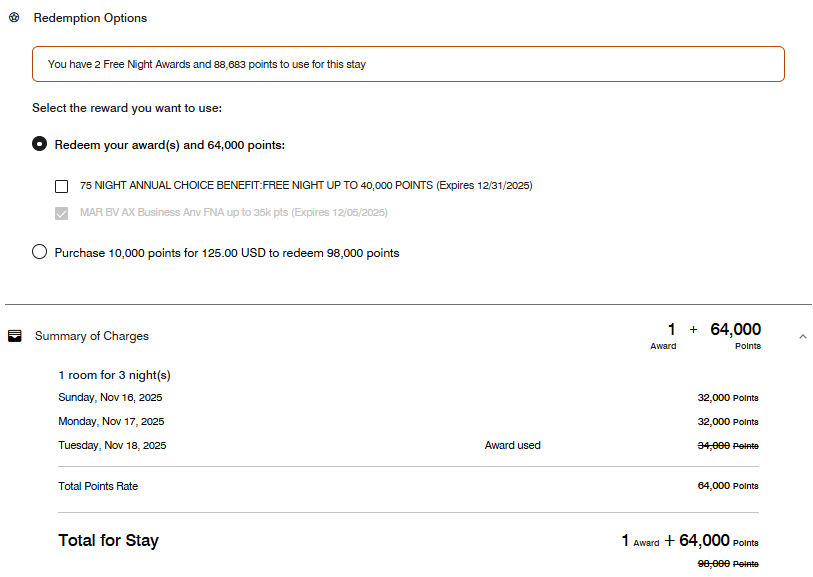 Booking a stay with a Marriott 35,000-point certificate and points