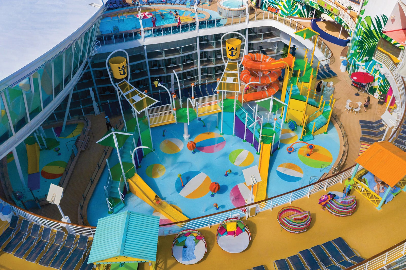 Aerial view of kids splash play area on a cruise ship