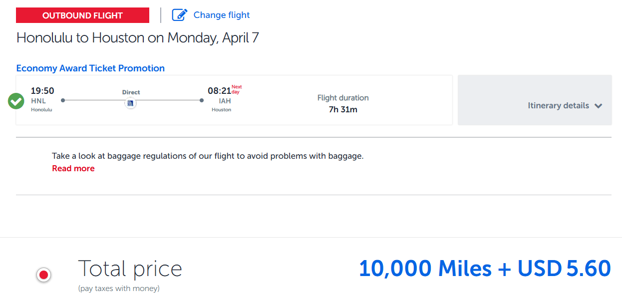 Turkish Hawaii award for 10,000 miles one-way