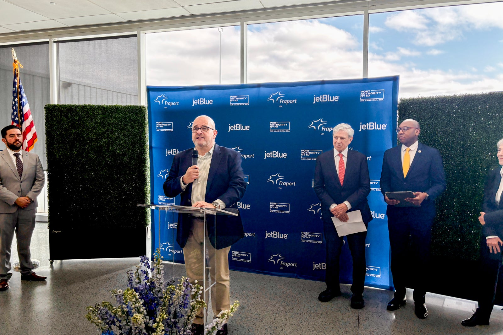 JetBlue president Marty St. George speaks at press event for the 'refresh of Terminal 5 on March 6, 2025.