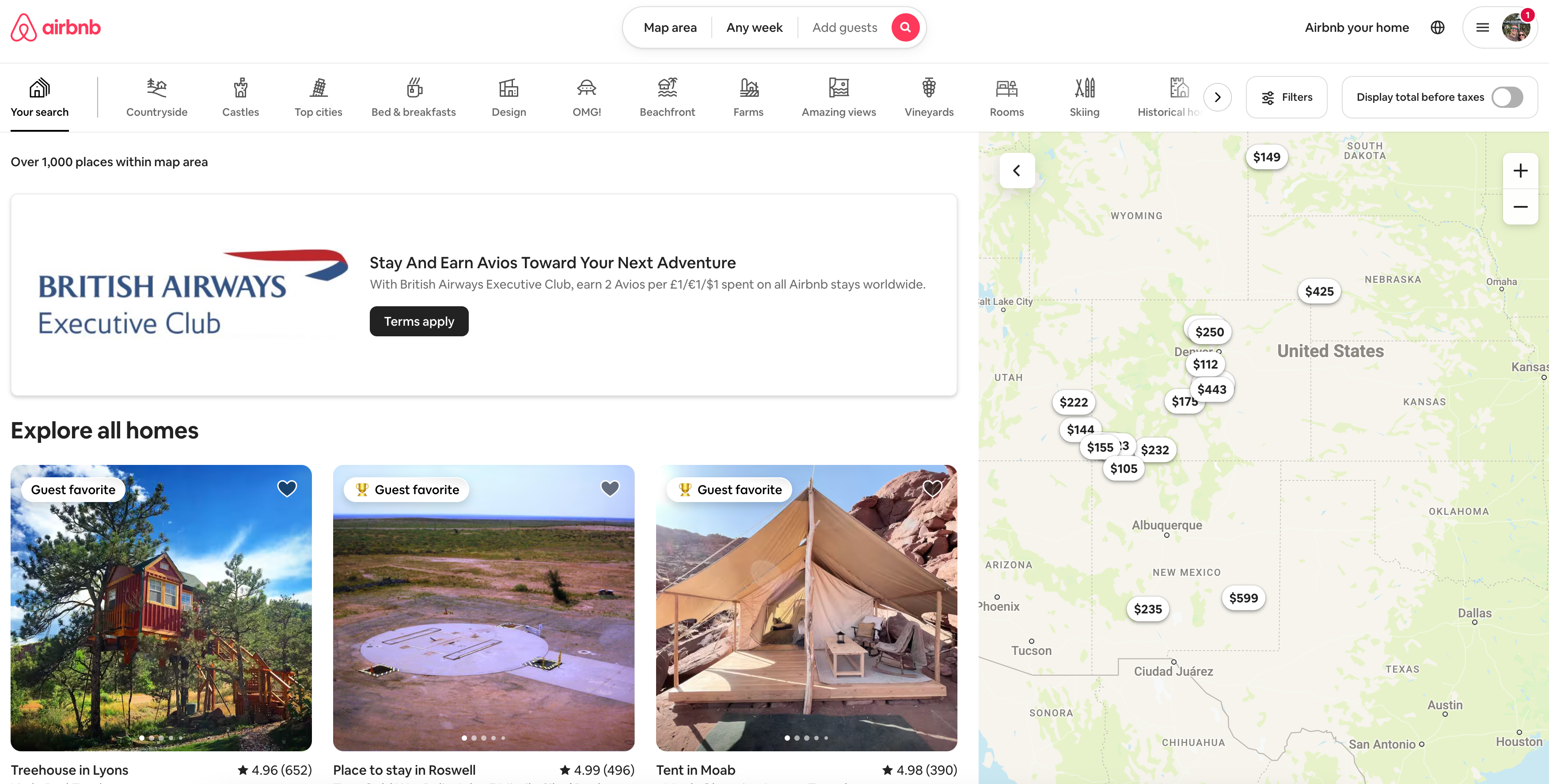 Airbnb earn BA Avios search page