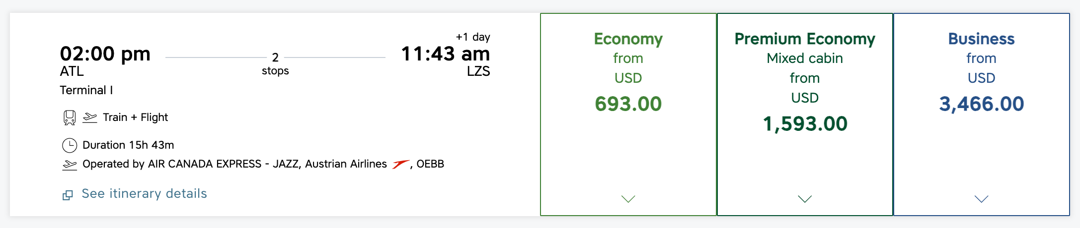 Austrian ATL-LZS ticket prices