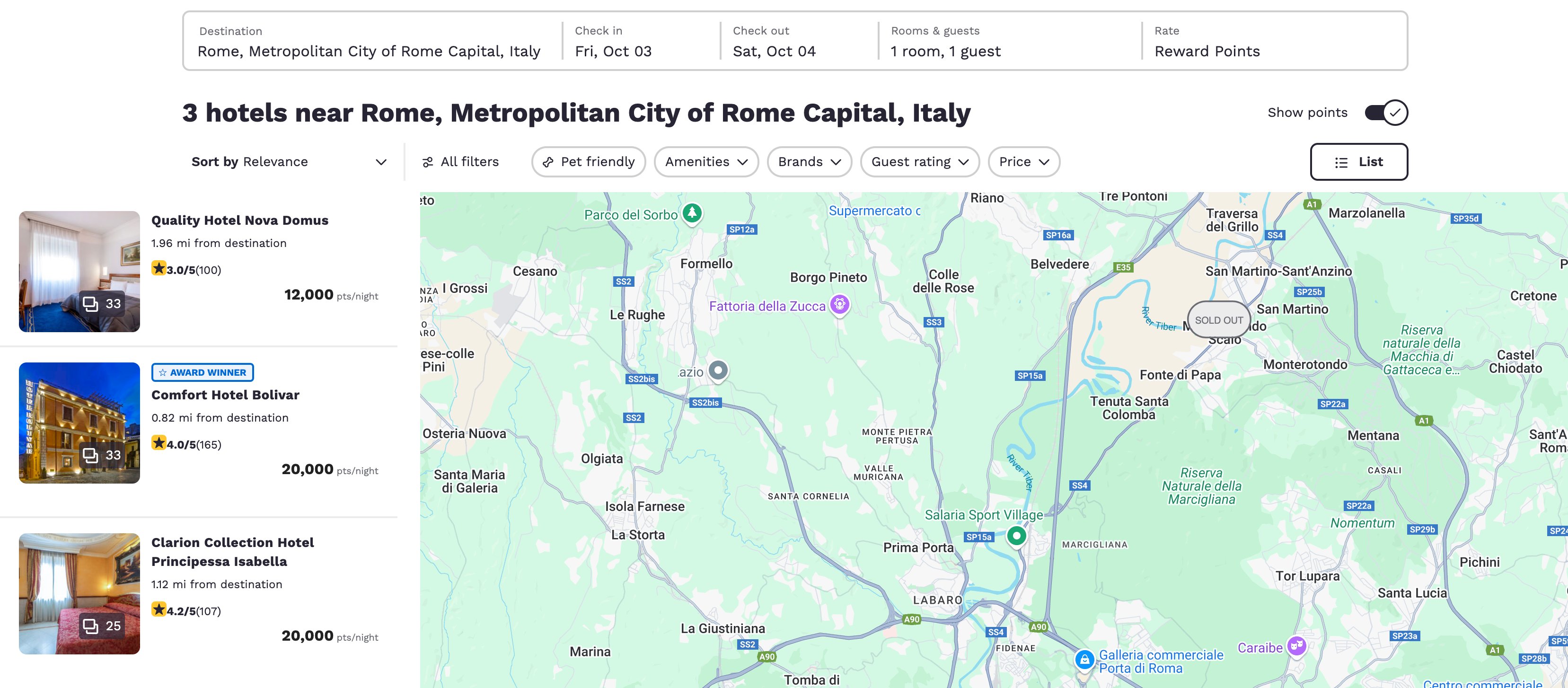 Choice Rome hotel search in points