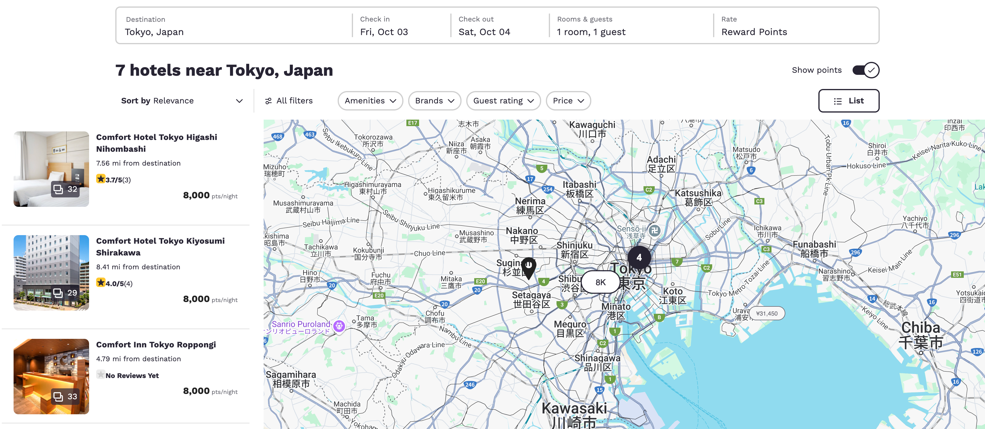 Choice Tokyo hotel search in points