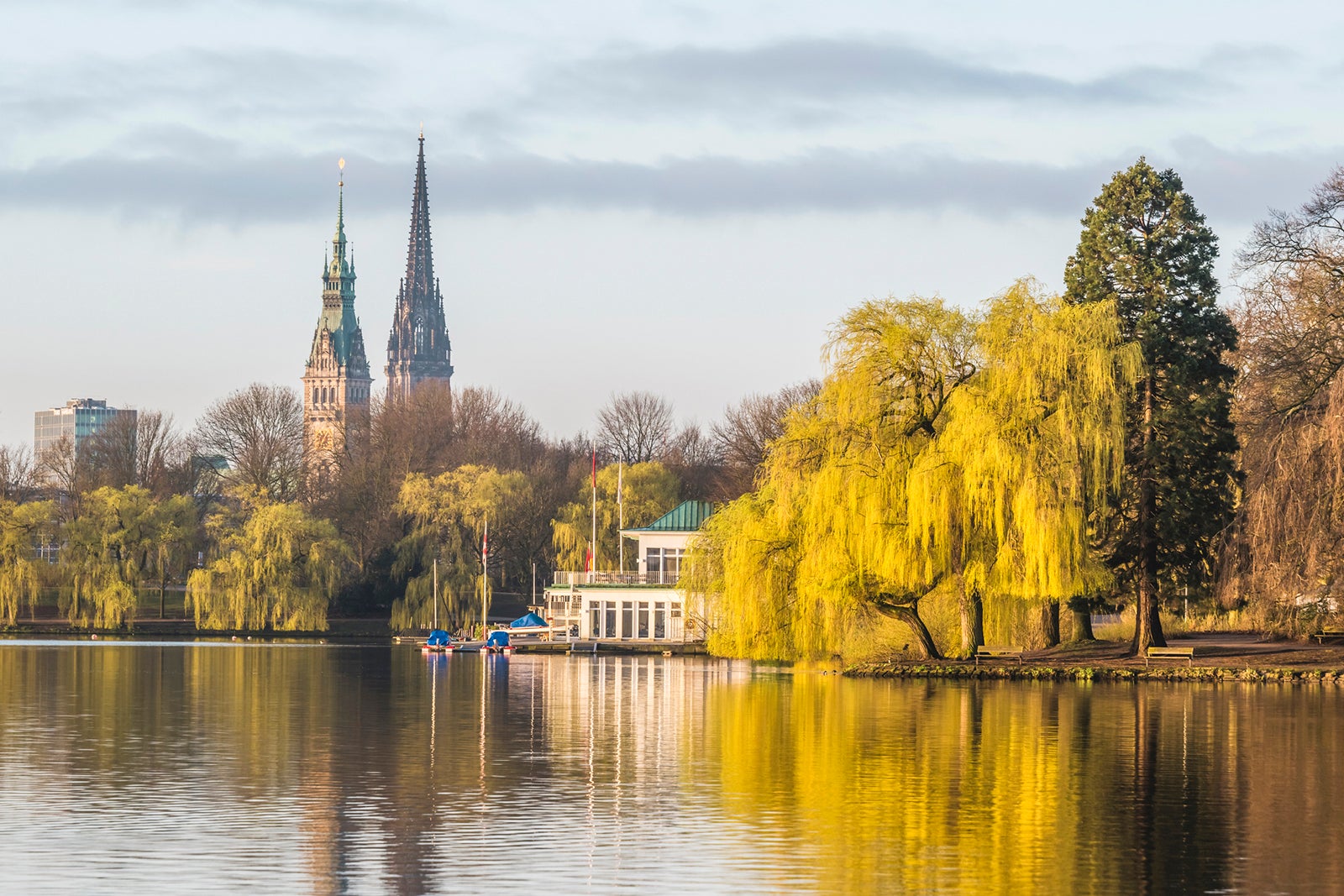 Park on the shore of Alster Lake in Hamburg Germany