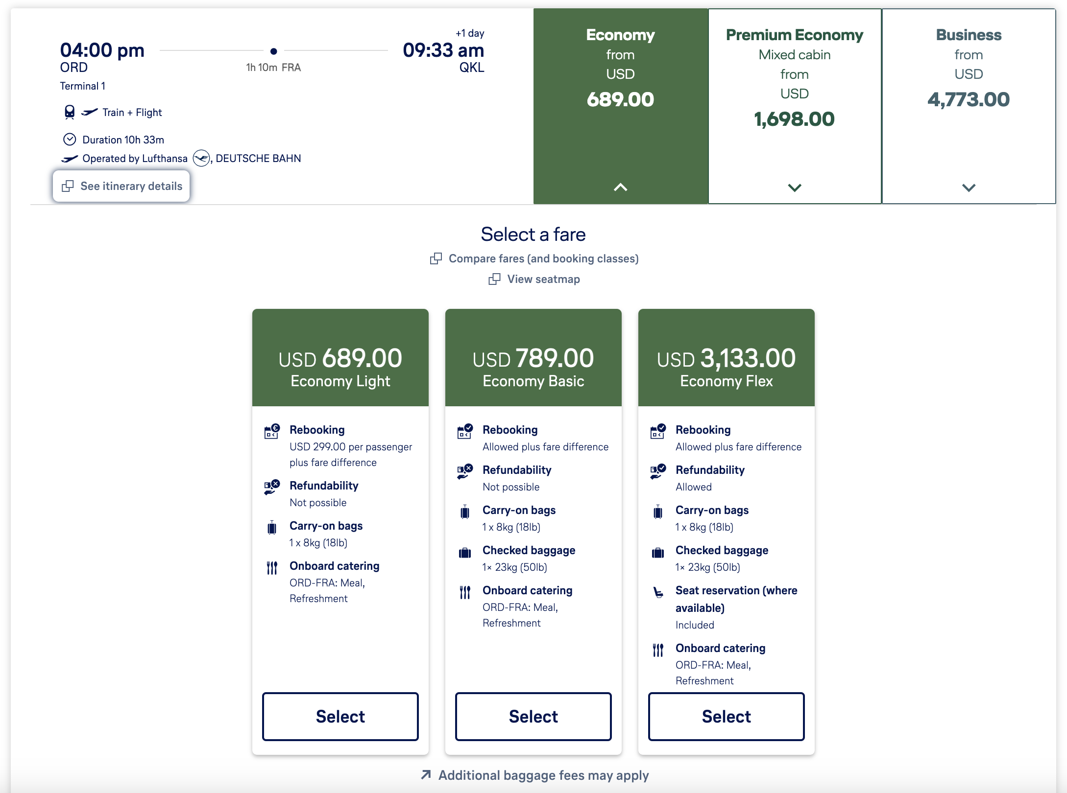 Lufthansa ORD-QKL ticket options