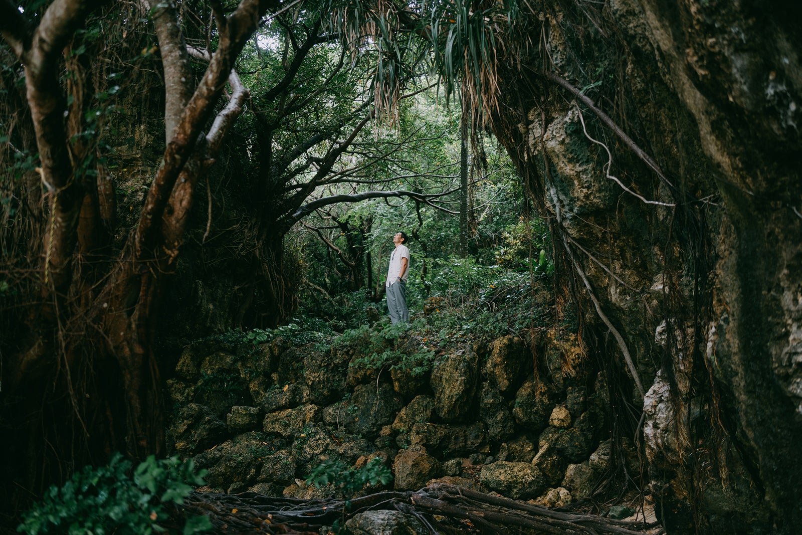 Man standing in jungle with old ruins, Okinawa Main Island, Japan