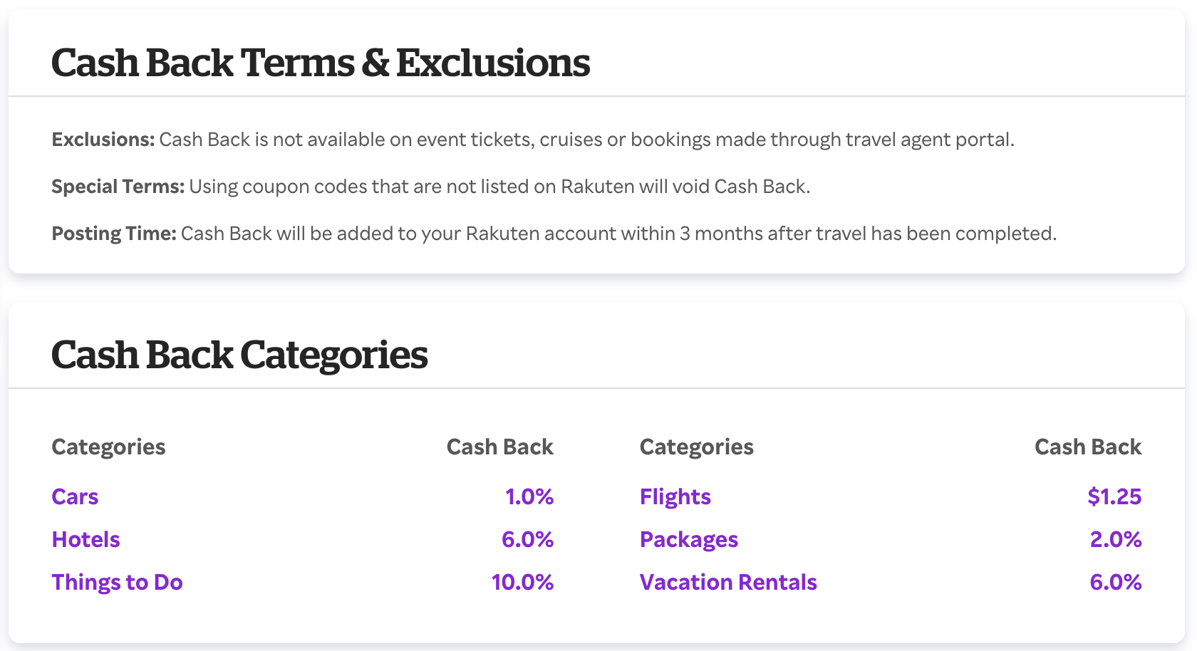 Rakuten Expedia terms and categories