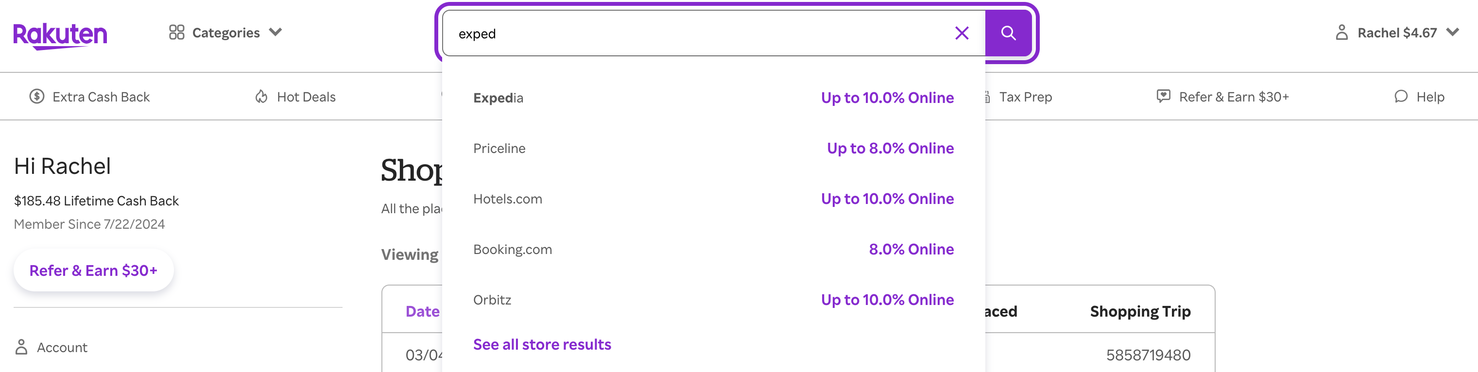 Rakuten offers at travel sites