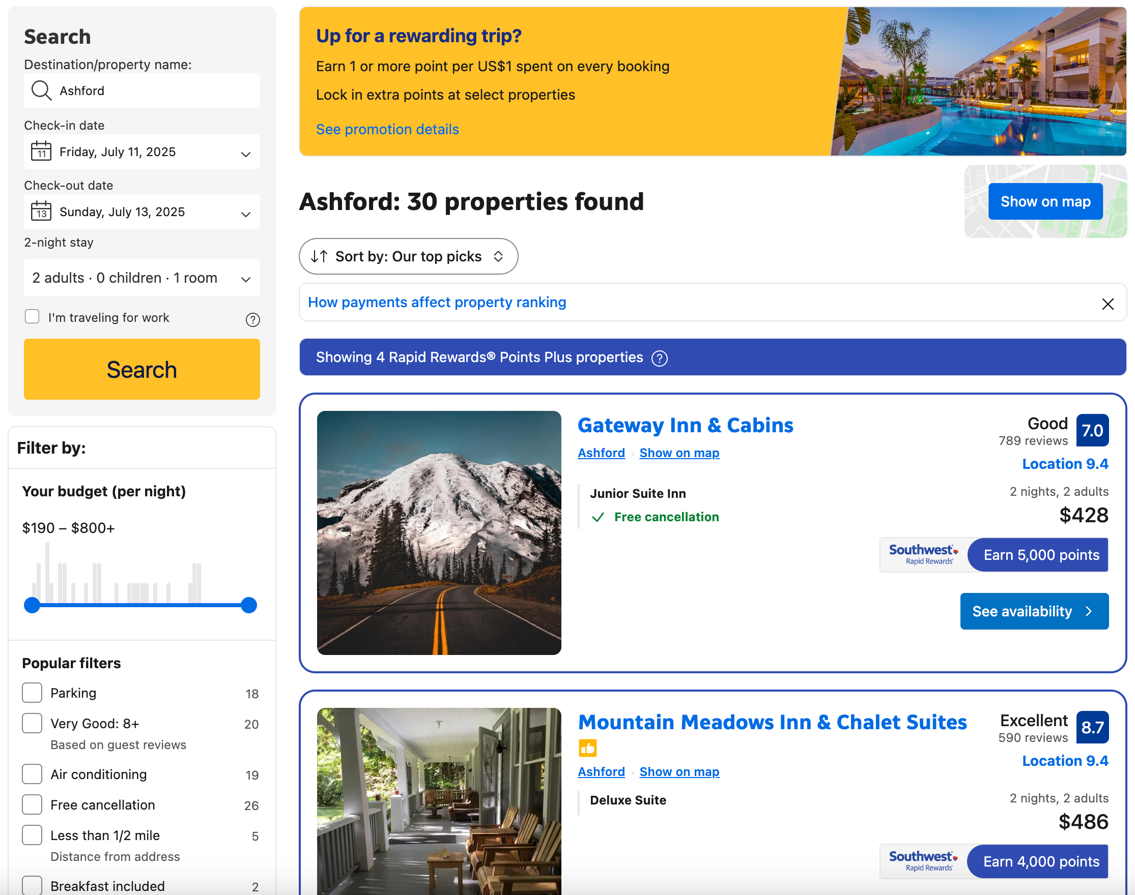 Southwest Hotels search results