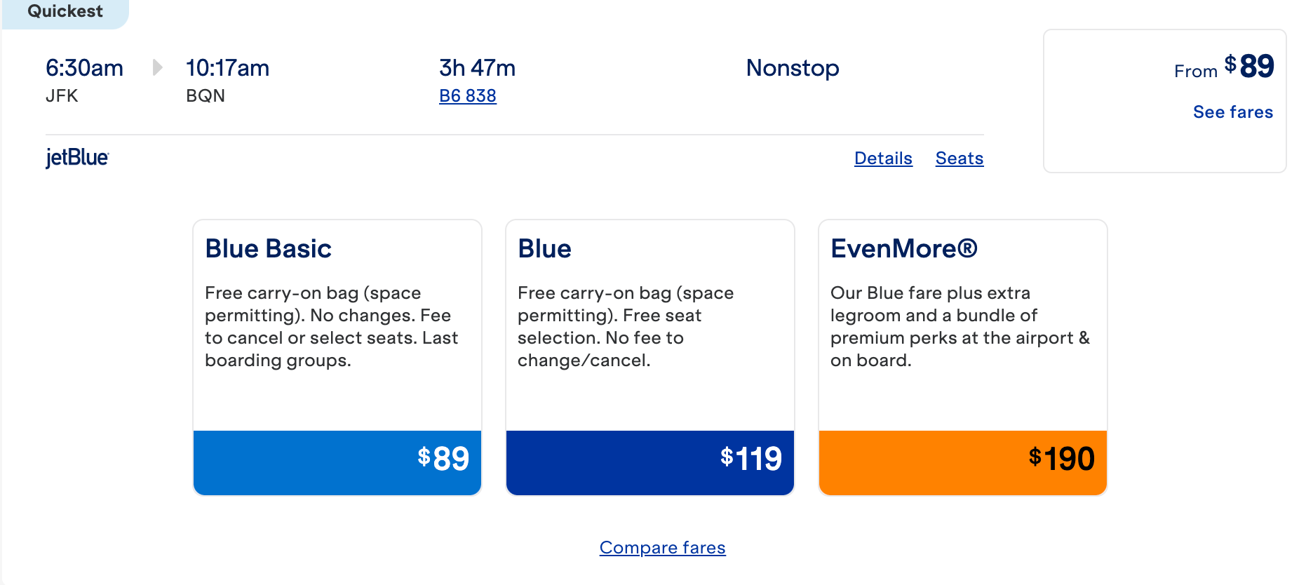 screenshot of JetBlue fare types