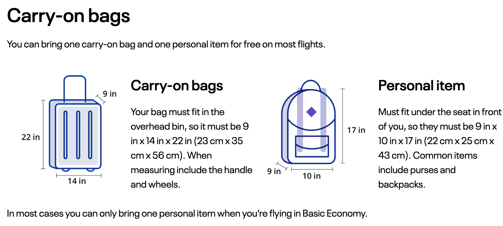 screenshot of United carry-on baggage policy