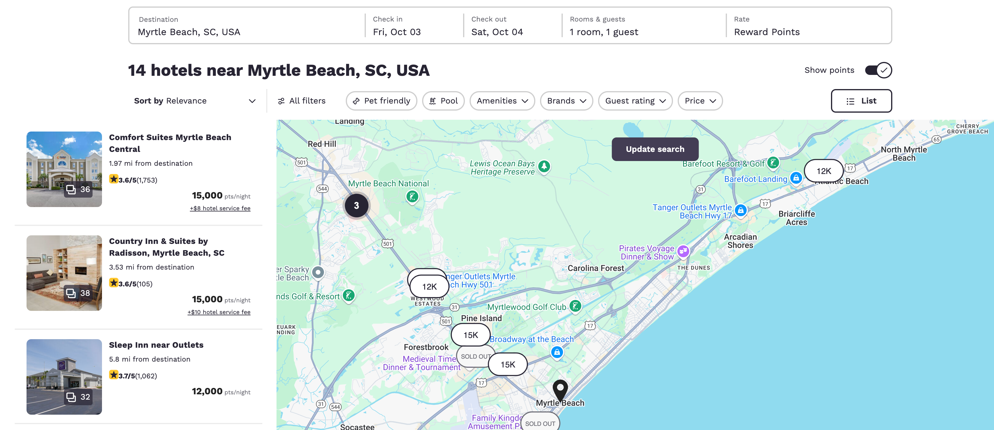 Choice Myrtle Beach hotel search in points