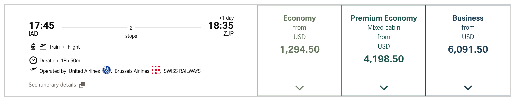 Swiss IAD-ZJP ticket prices