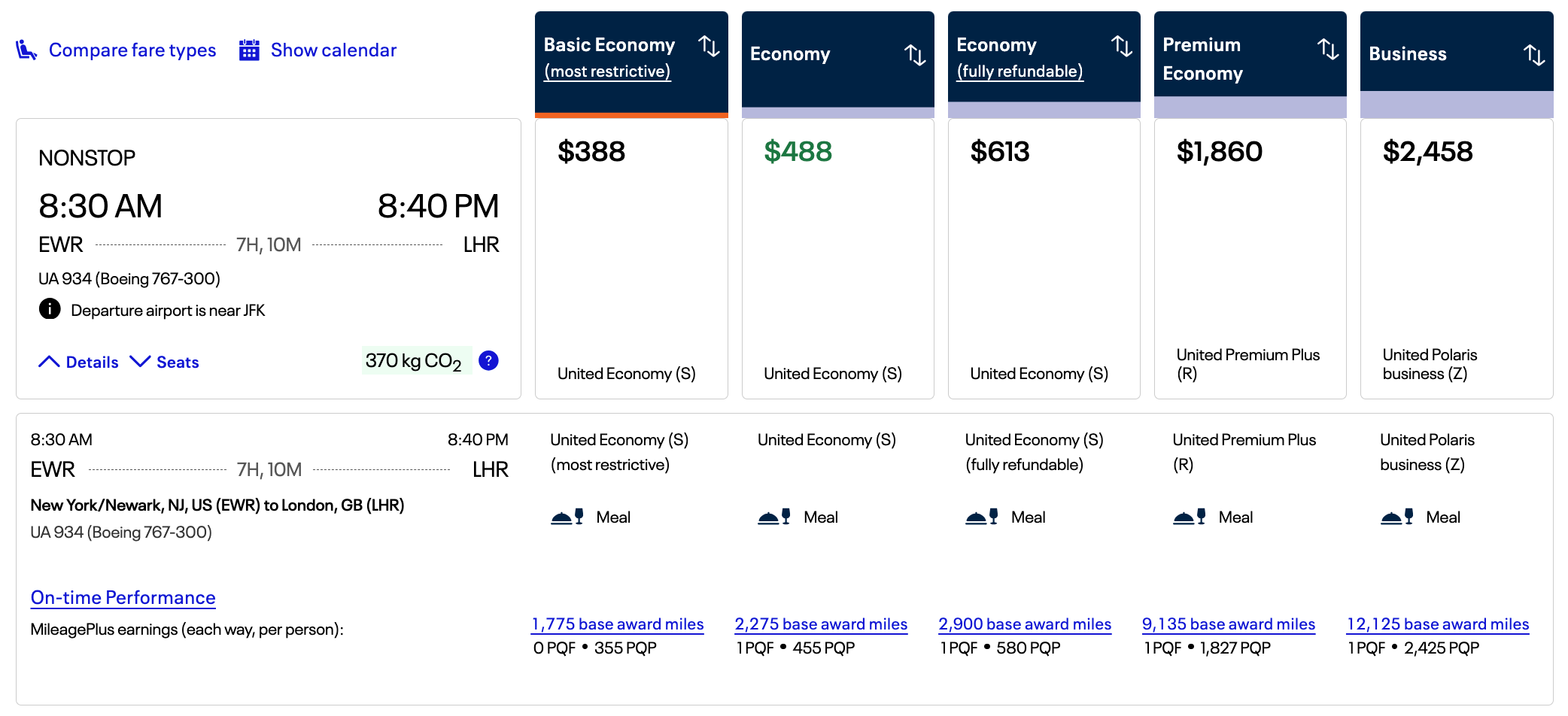 United EWR-LHR ticket prices