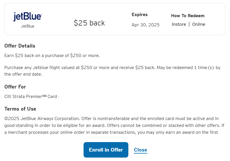 screenshot of Citi Merchant offer for JetBlue