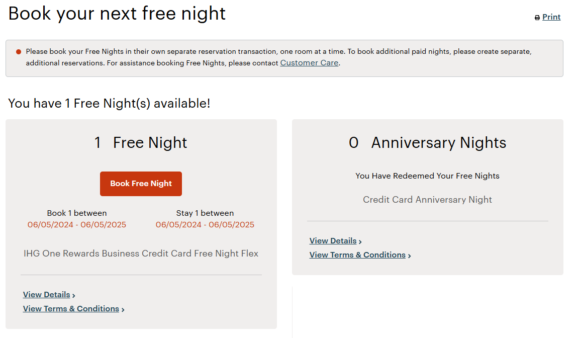 IHG free night awards in account