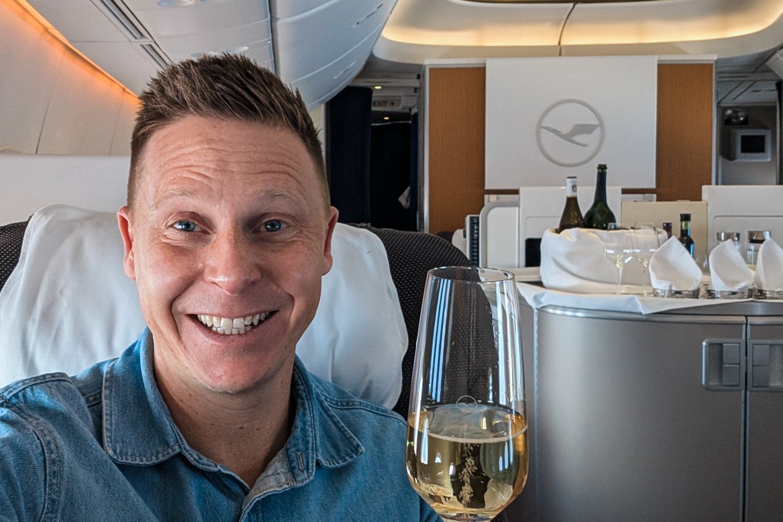 the author in a Lufthansa first class 747 cabin