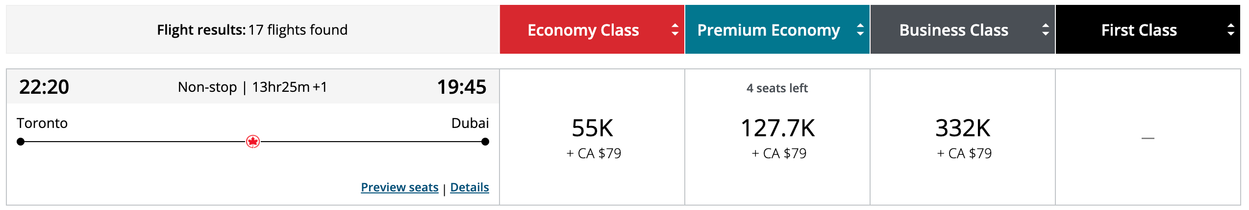 Air Canada Website Showing YYZ DXB