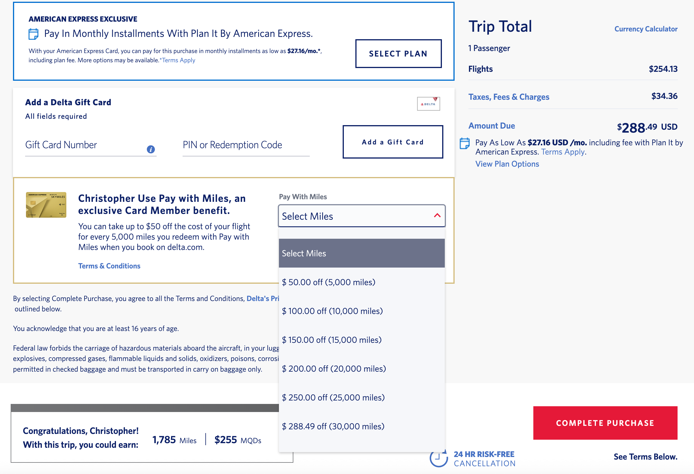 Pay with Miles options