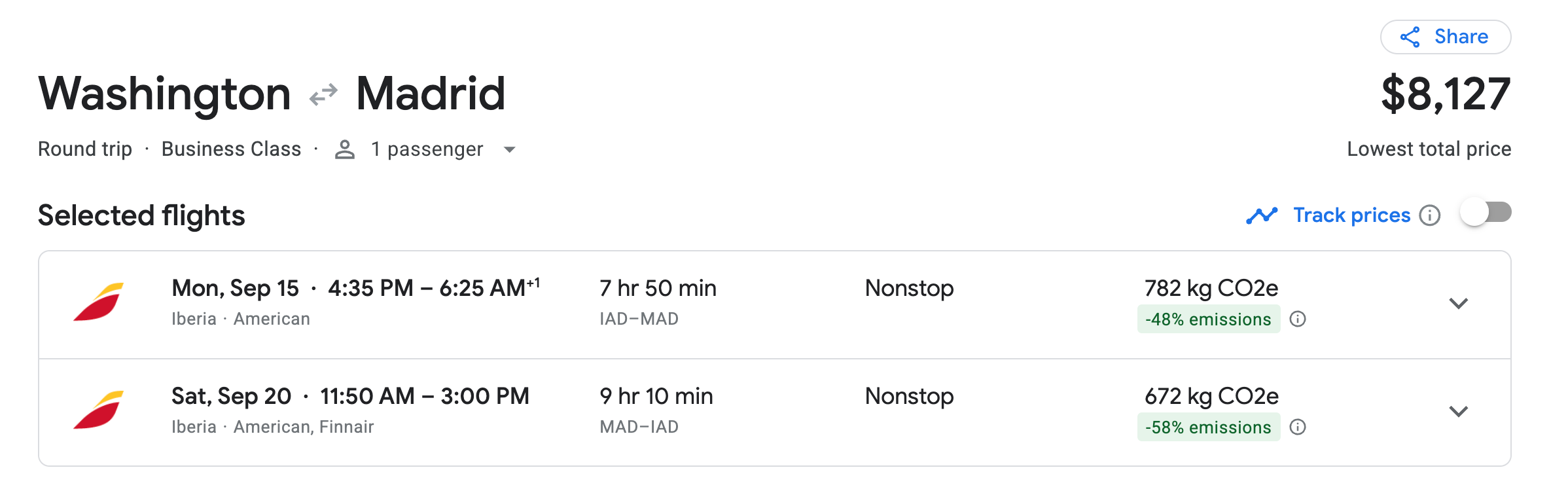 Google flights screenshot