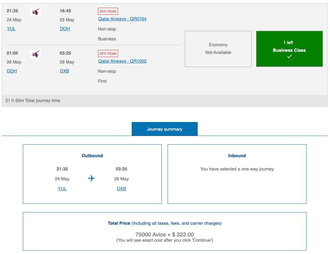 YUL to DXB British Airways award ticket
