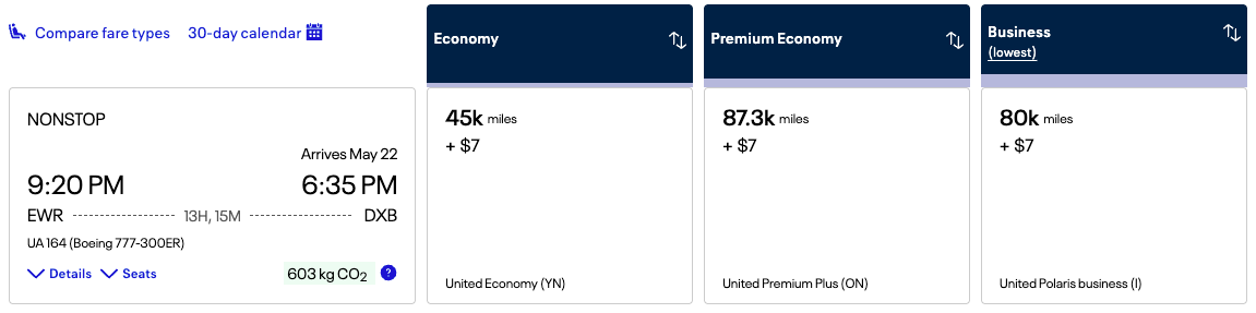 United MileagePlus award from EWR to DXB