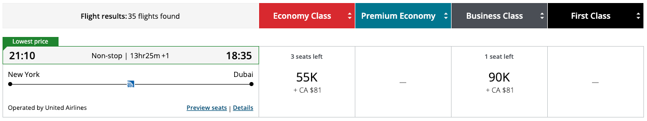 Aeroplan award from EWR to DXB on United