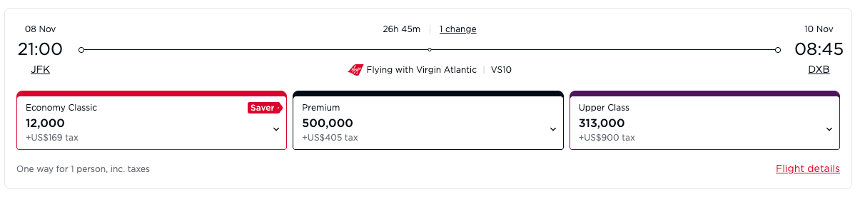 Virgin Atlantic award flight from JFK to DXB