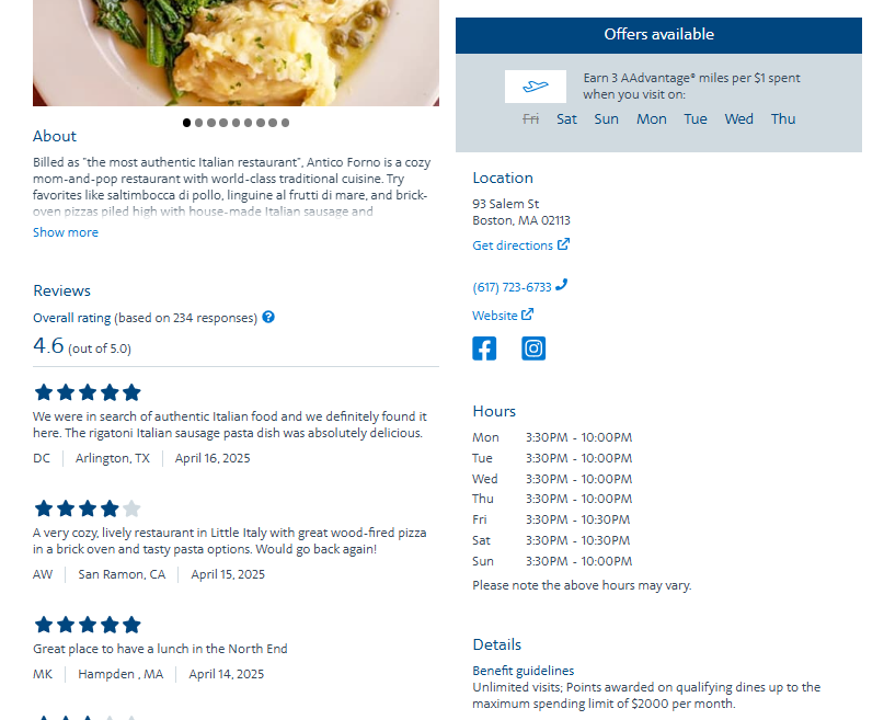 AAdvantage Dining restaurant details