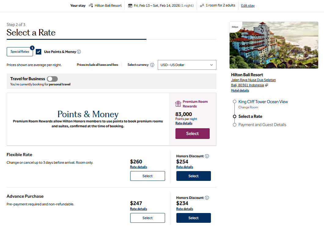 Hilton premium room rewards