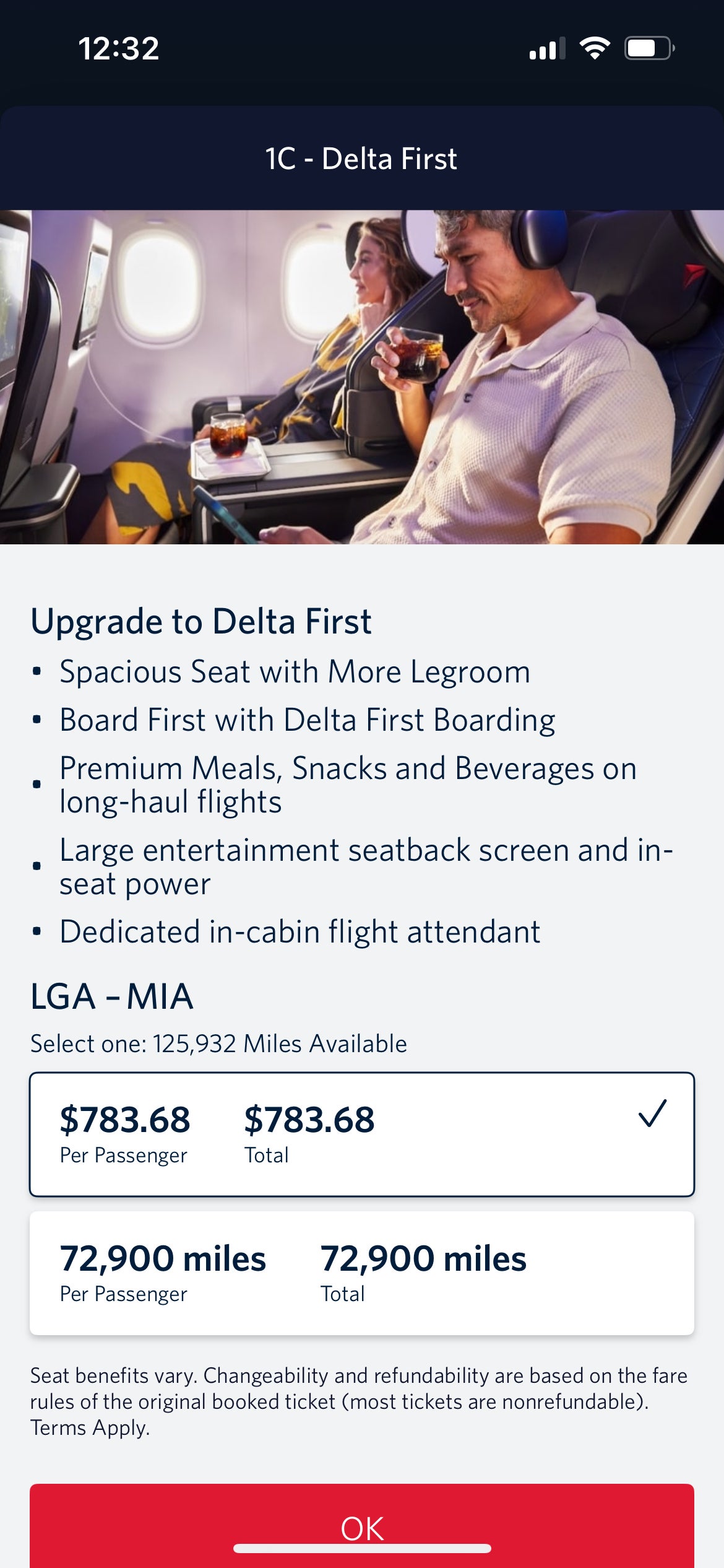 Delta upgrade offer for a flght from New York to Miami. DELTA AIR LINES