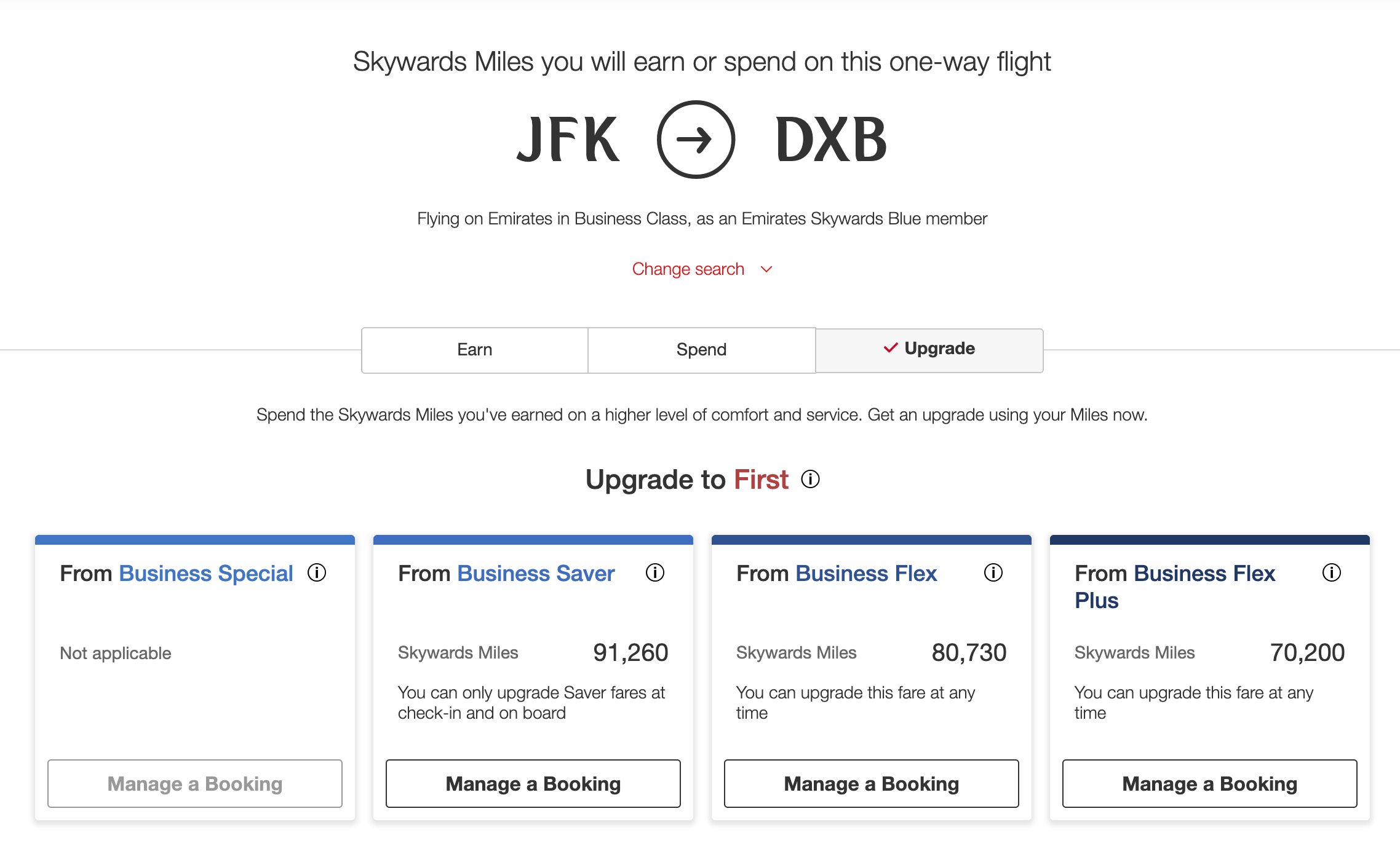 Emirates upgrade pricing from New York to Dubai