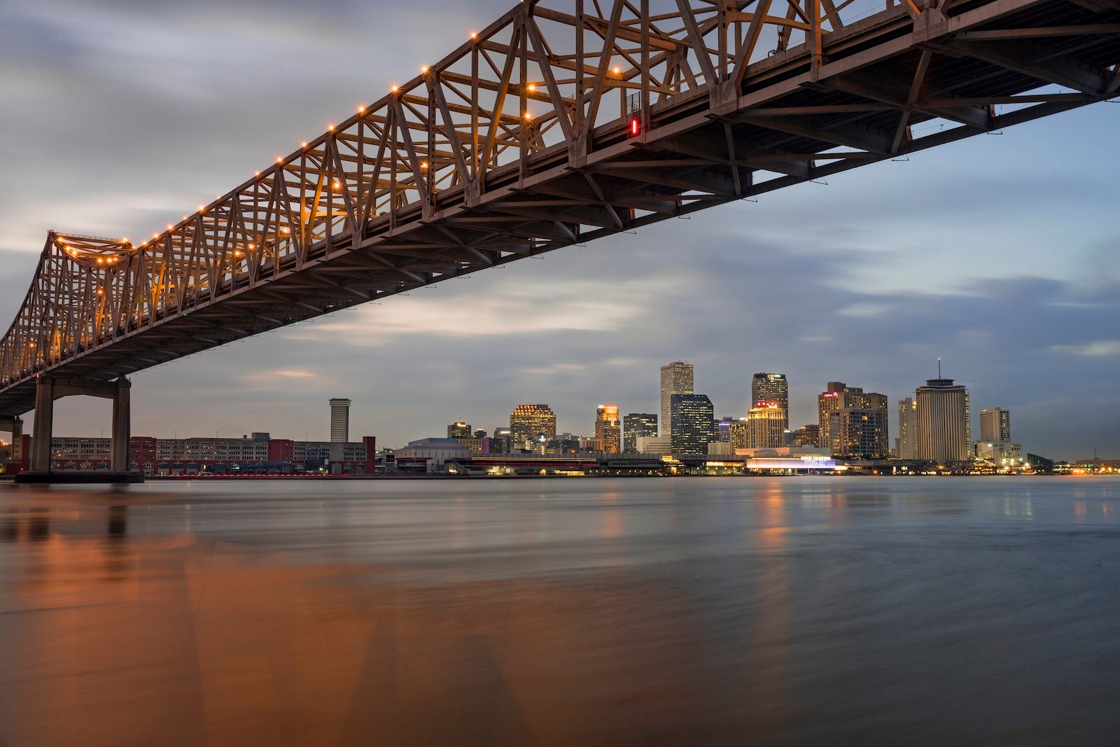The New Orleans skyline is in the background