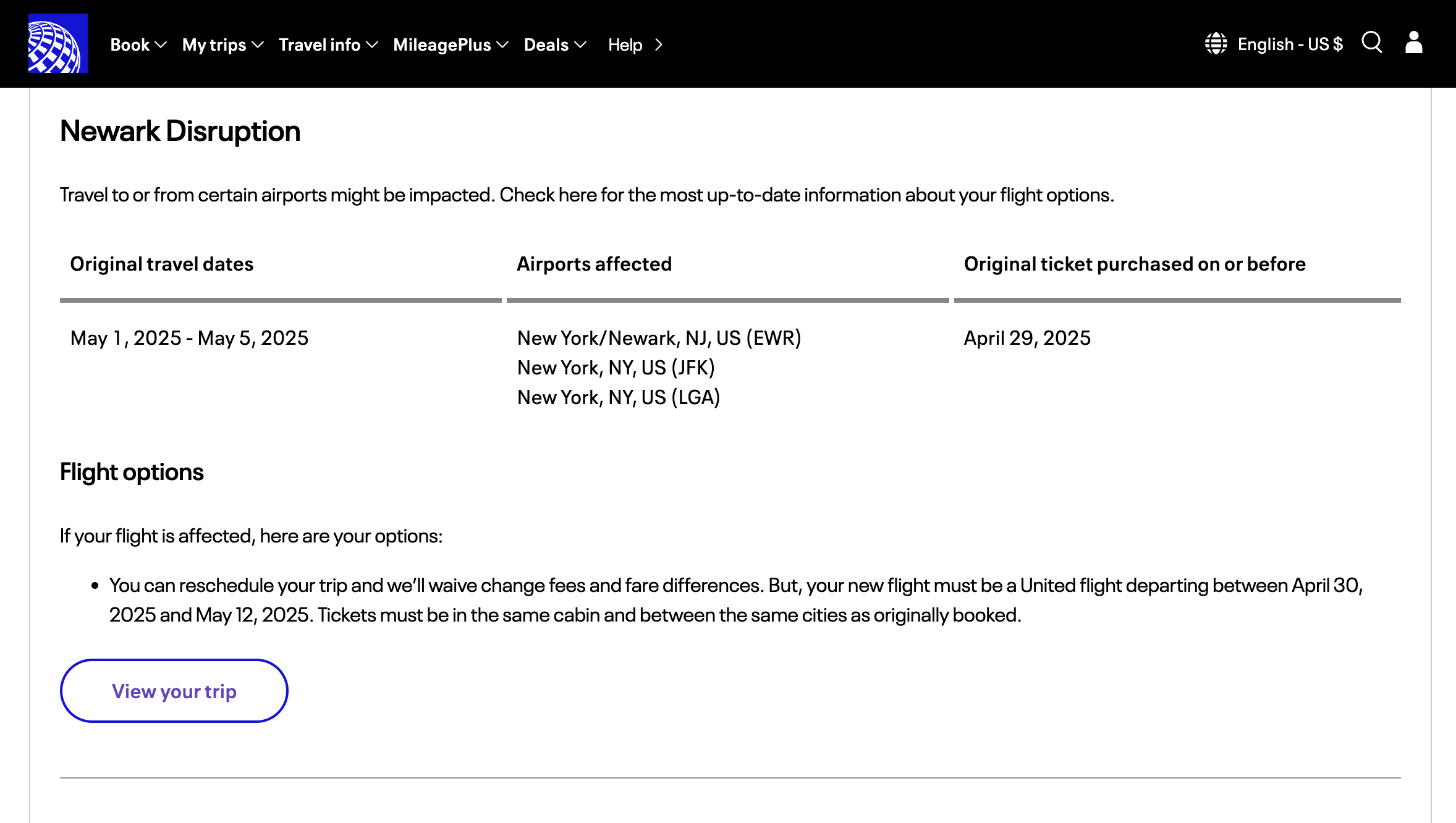 United Airlines travel alert advisory.