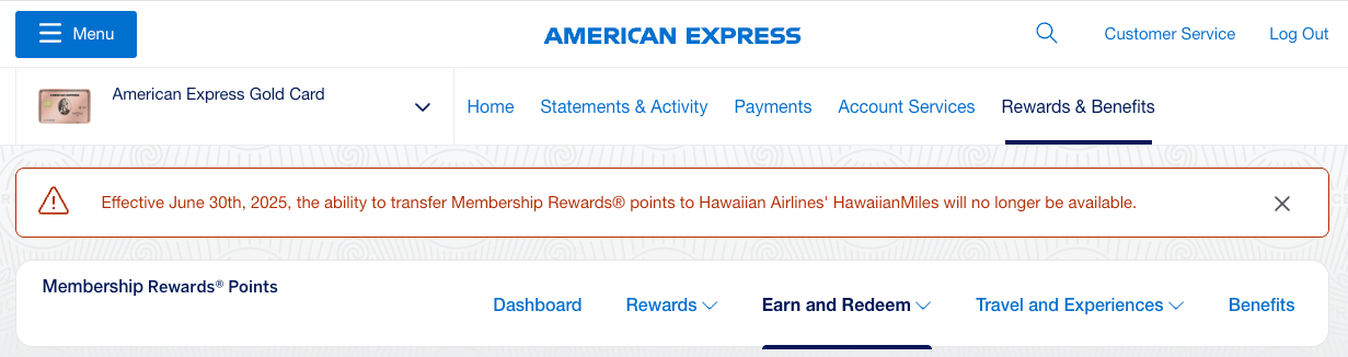 American Express ending Hawaiian Airlines transfers notice