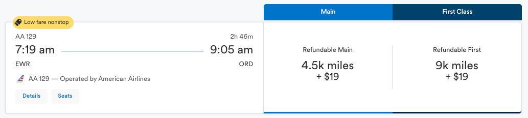 Alaska Airlines award flight from EWR to ORD