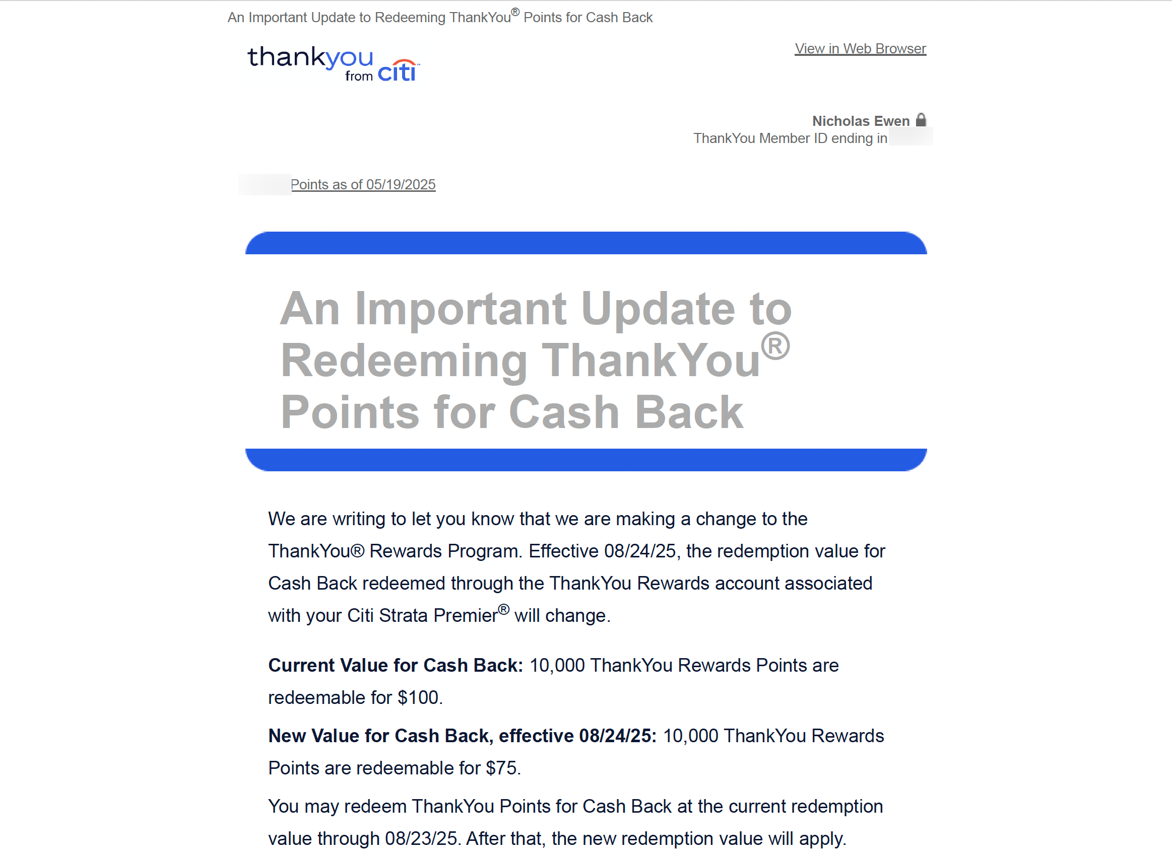Citi TY Cash back devaluation