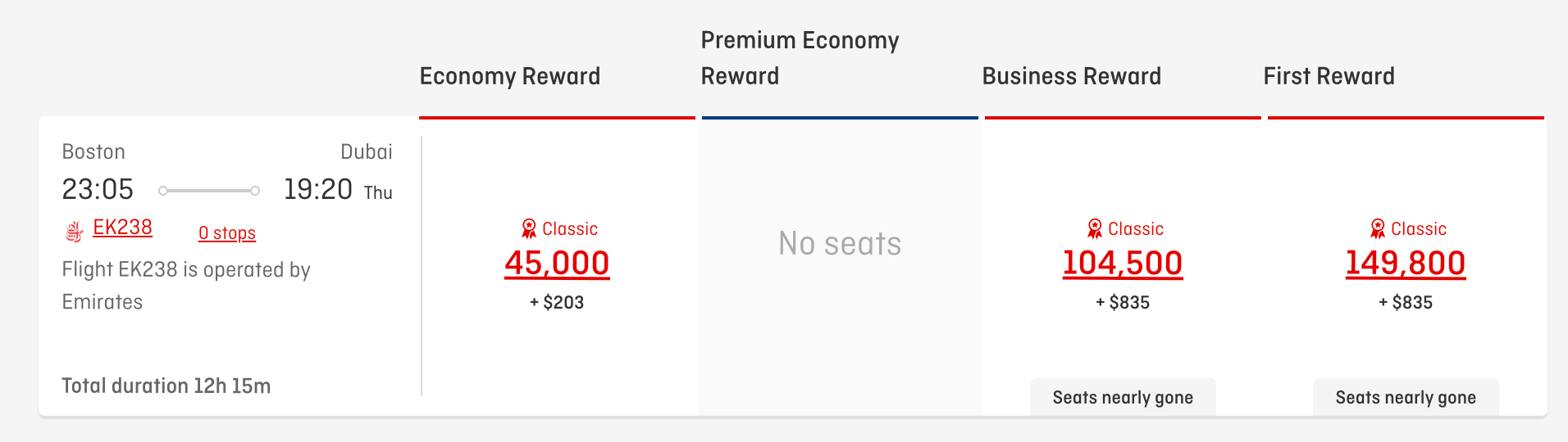Emirates award from Boston to Dubai on Emirates