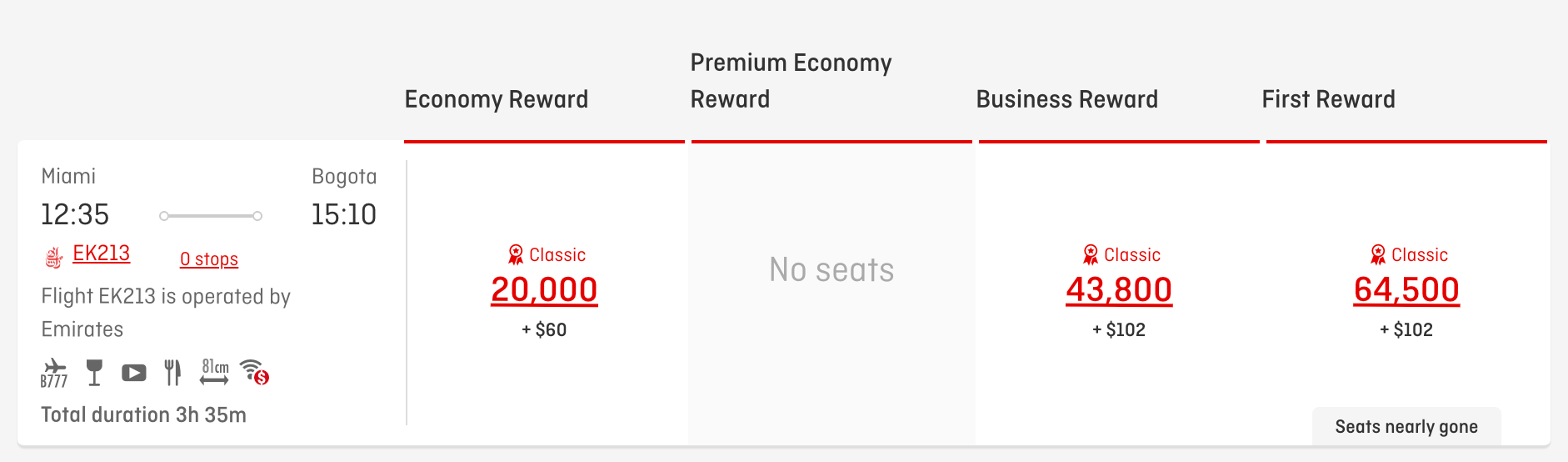Qantas award flight from Miami to Bogota on Emirates