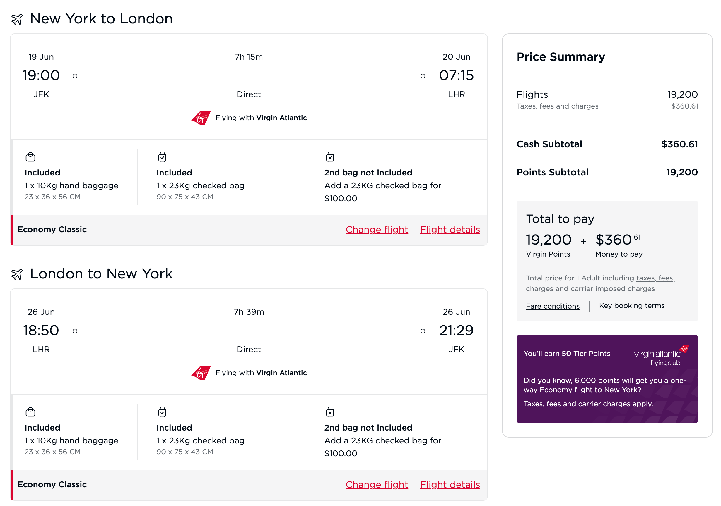 Virgin Atlantic award itinerary from New York to London