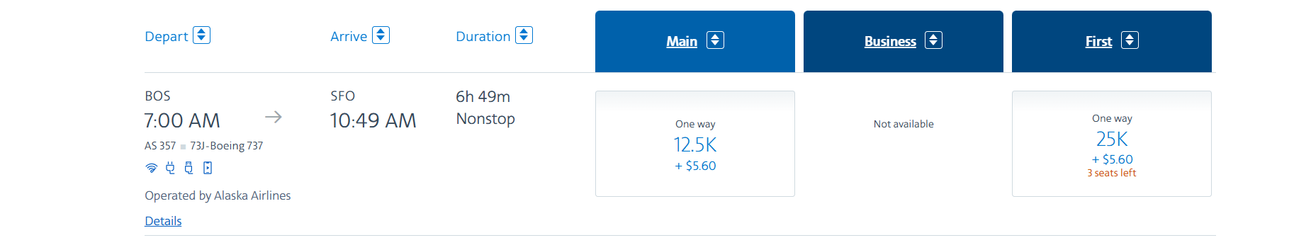 Screenshot showing an economy class booking on Alaska Airlines via American