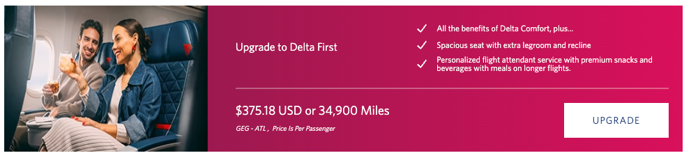 Delta upgrade offer for a flight from Spokane to Atlanta