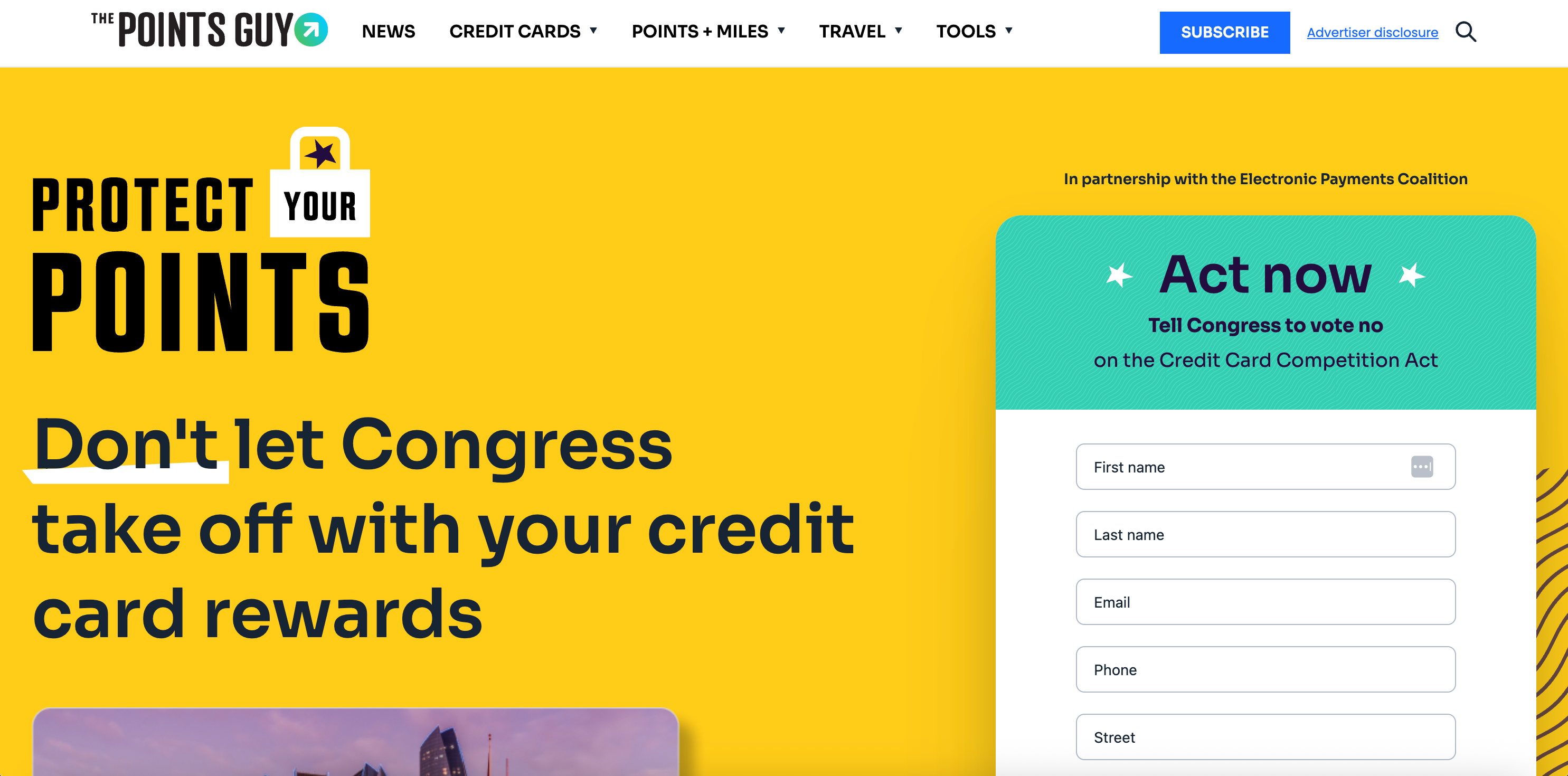 Screenshot of the TPG Protect Your Points landing page