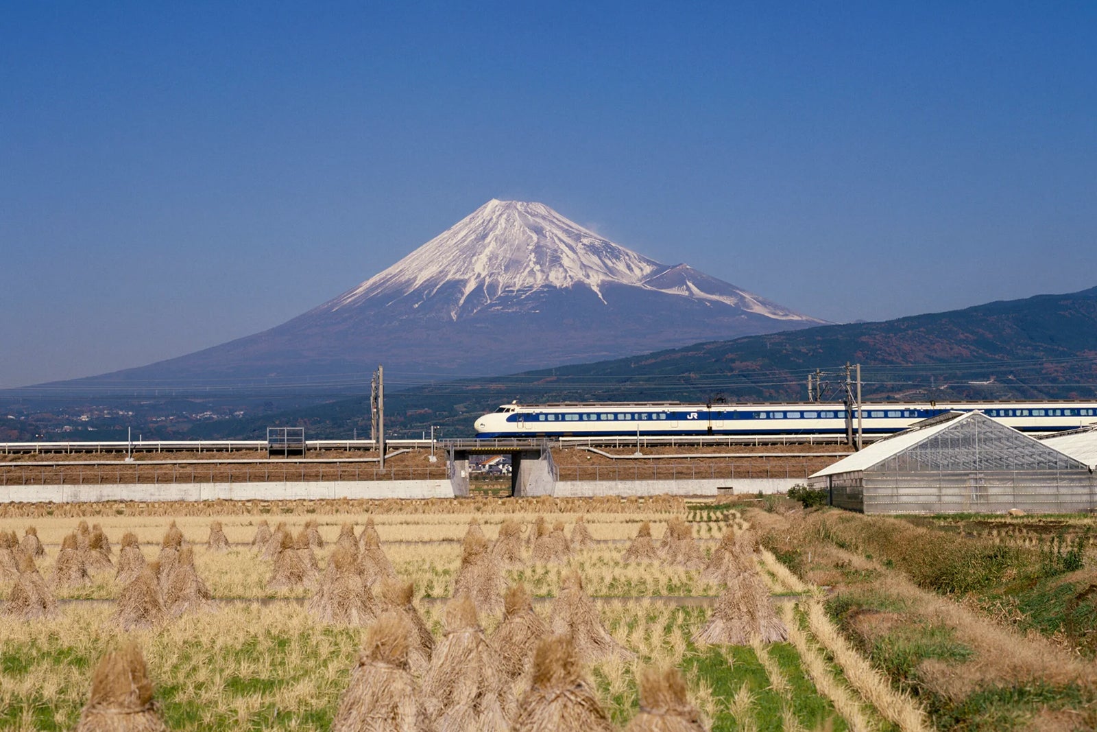 bullet train passing by farms and Mt. Fuji