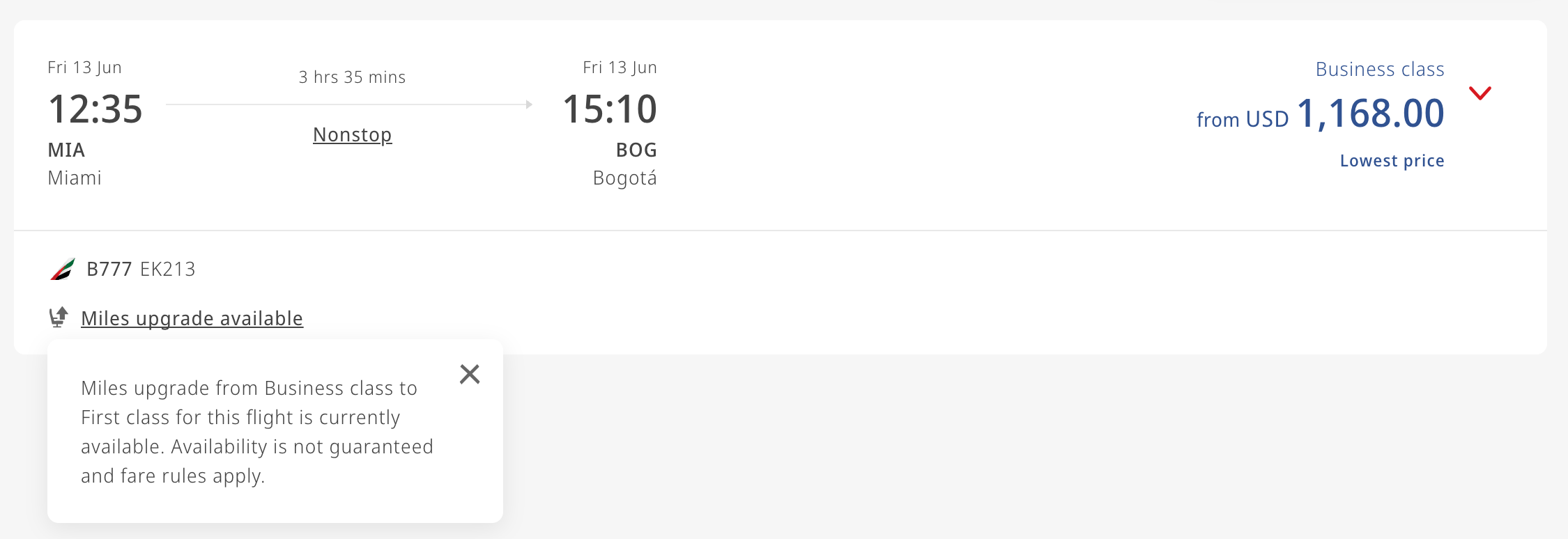 Emirates website showing upgrade space
