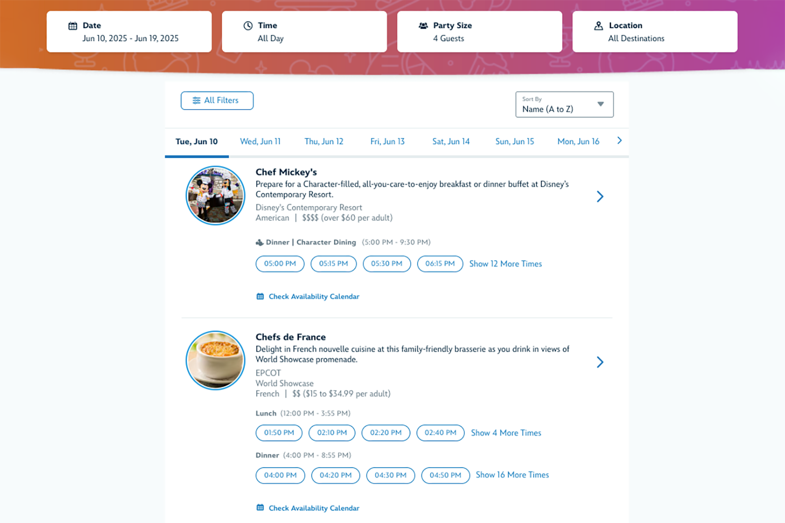 restaurant reservation availability