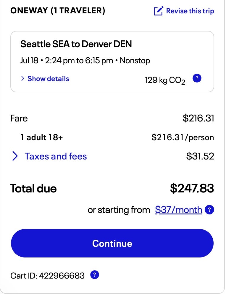 Airfare for flight from Seattle to Denver. UNITED