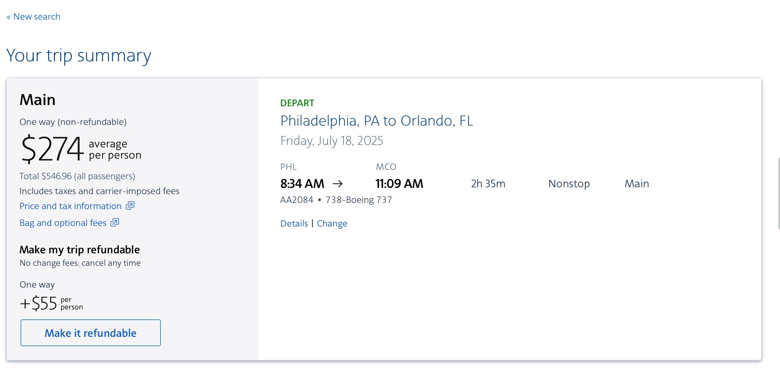 Pricing on a ticket from Philadelphia to Orlando.