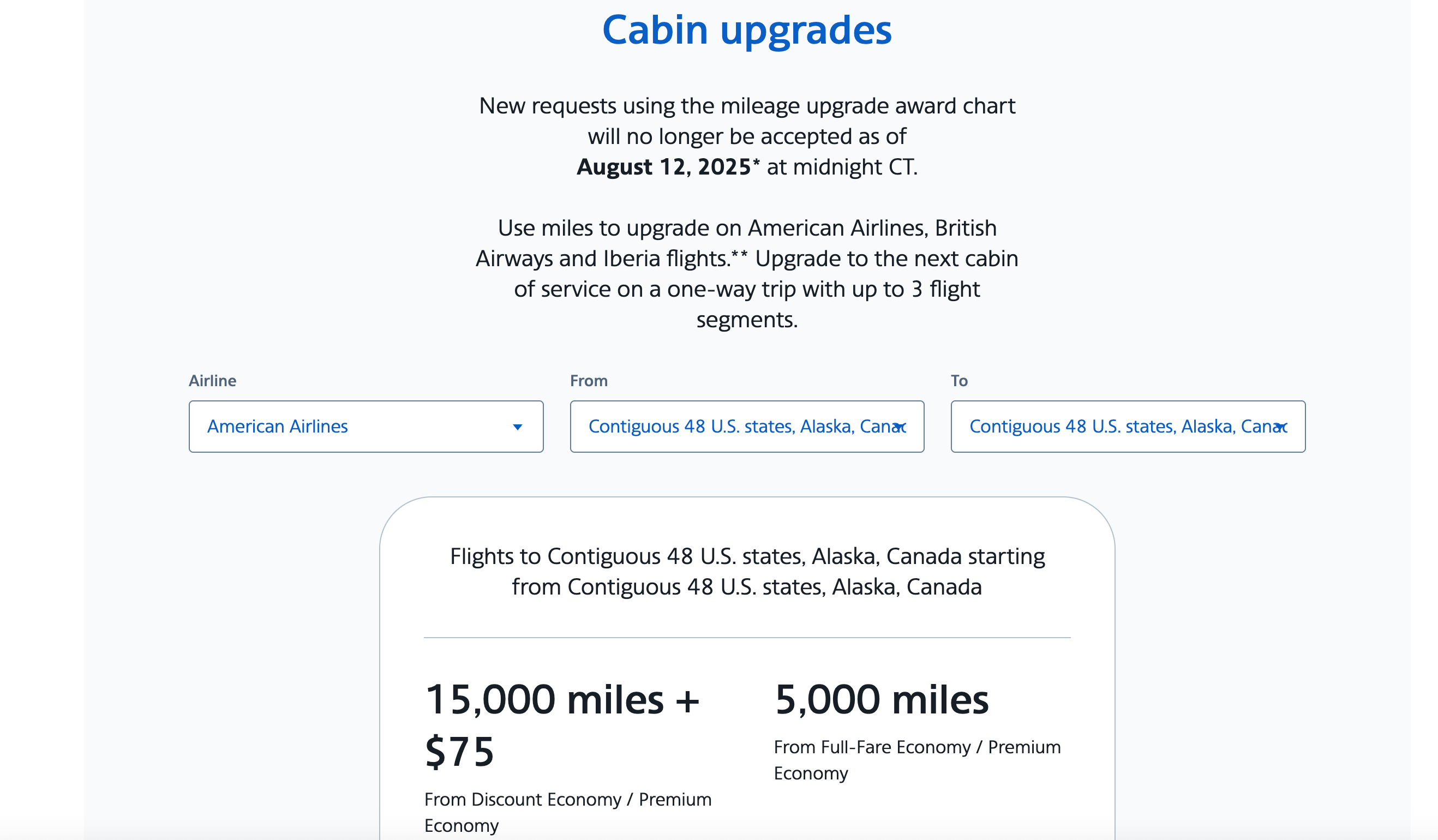 American Airlines notice of changes to mileage upgrades.